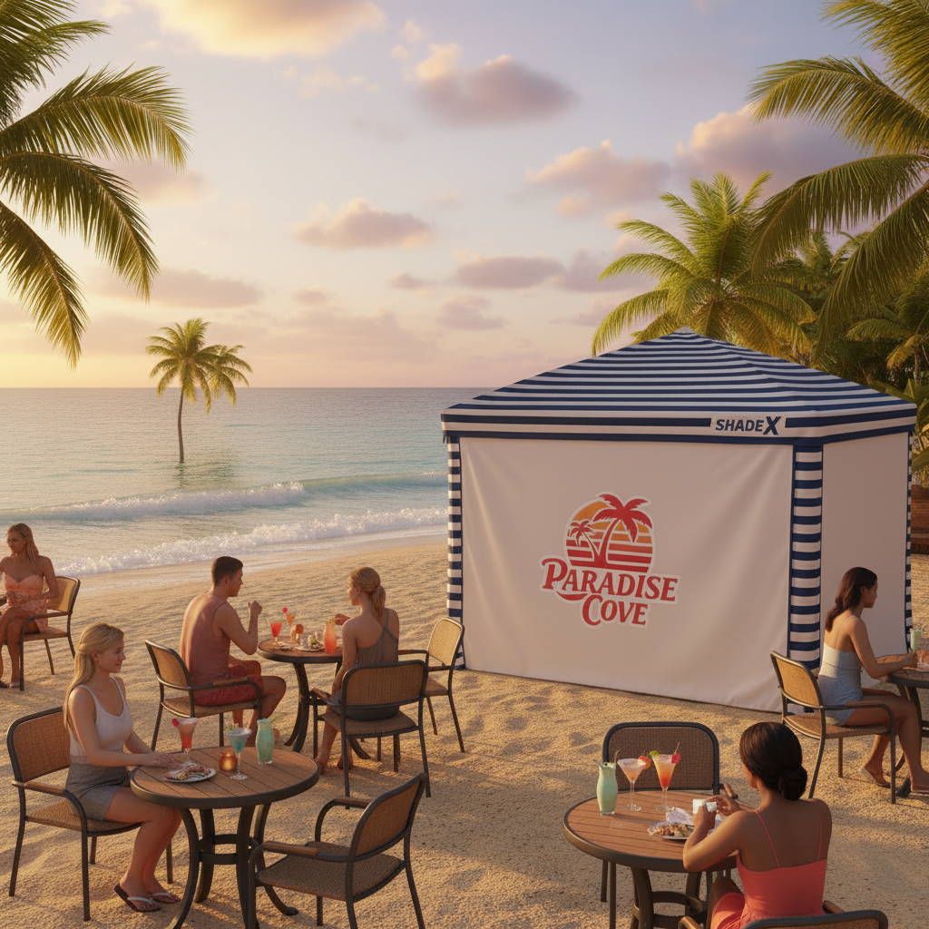 CoolCabana Sidewall with restaurant logo on sandy beach at golden hour
