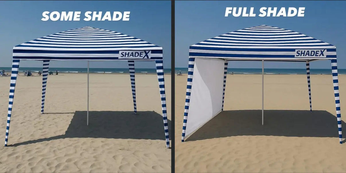ShadeX sidewall attached to a CoolCabana beach canopy for all-day shade