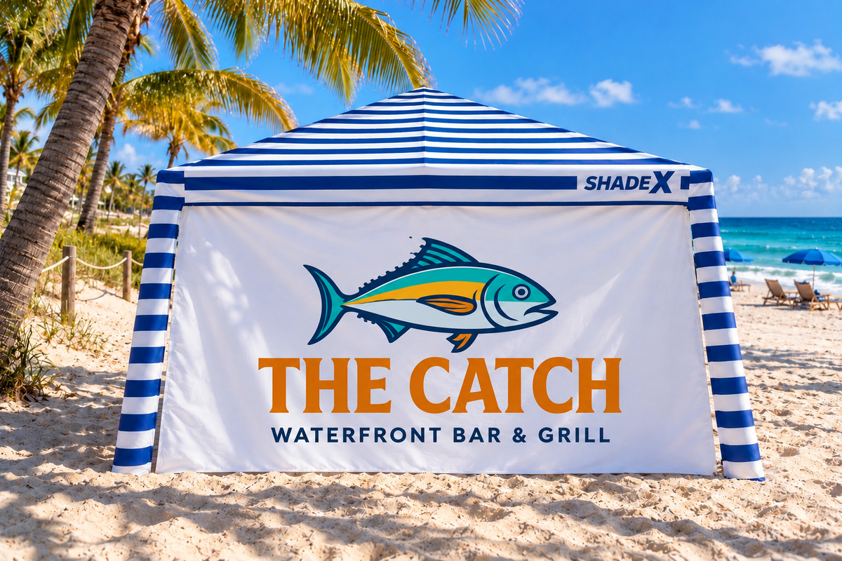 CoolCabana sidewall with restaurant branding on beach canopy