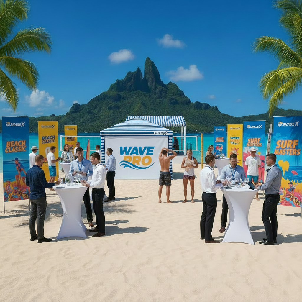 CoolCabana sidewall with WAVE PRO sports sponsor logo at beach volleyball competition