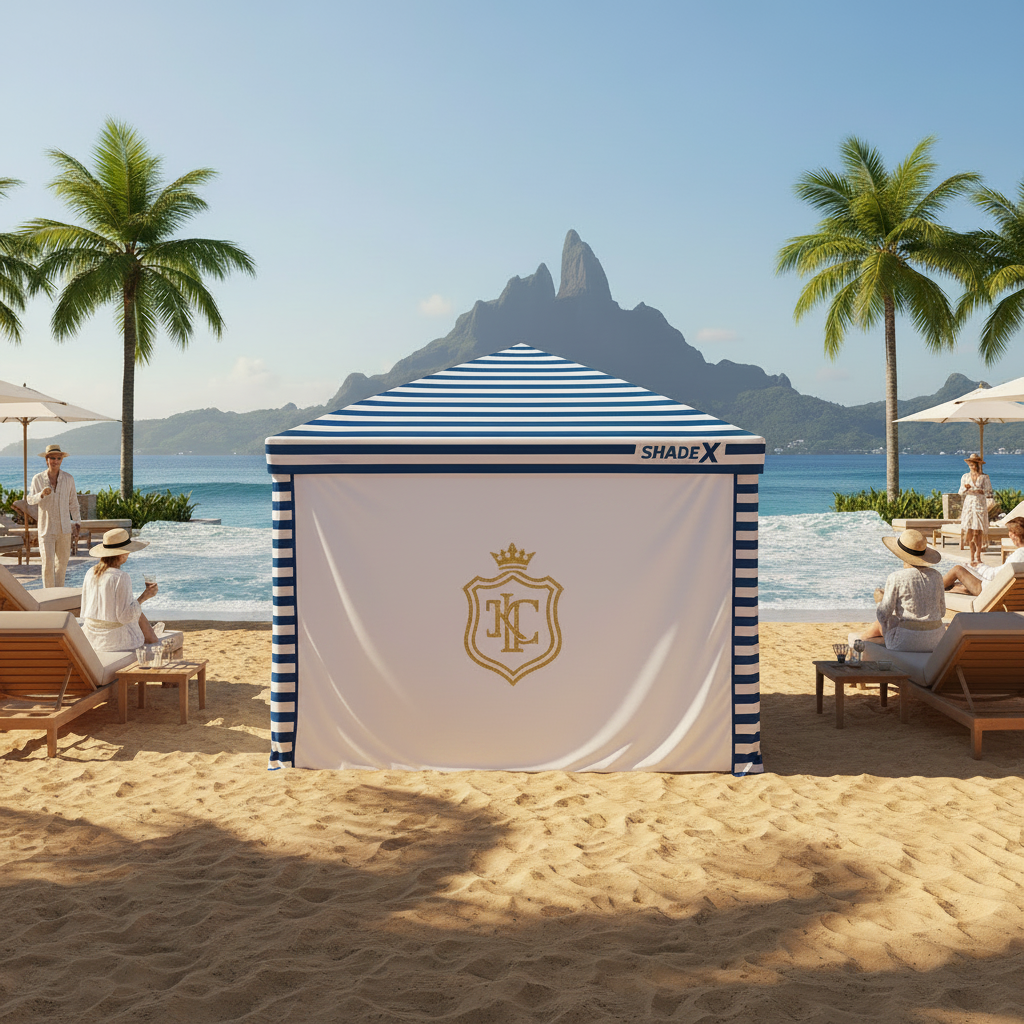 CoolCabana side wall with luxury hotel logo on sandy beach at upscale resort